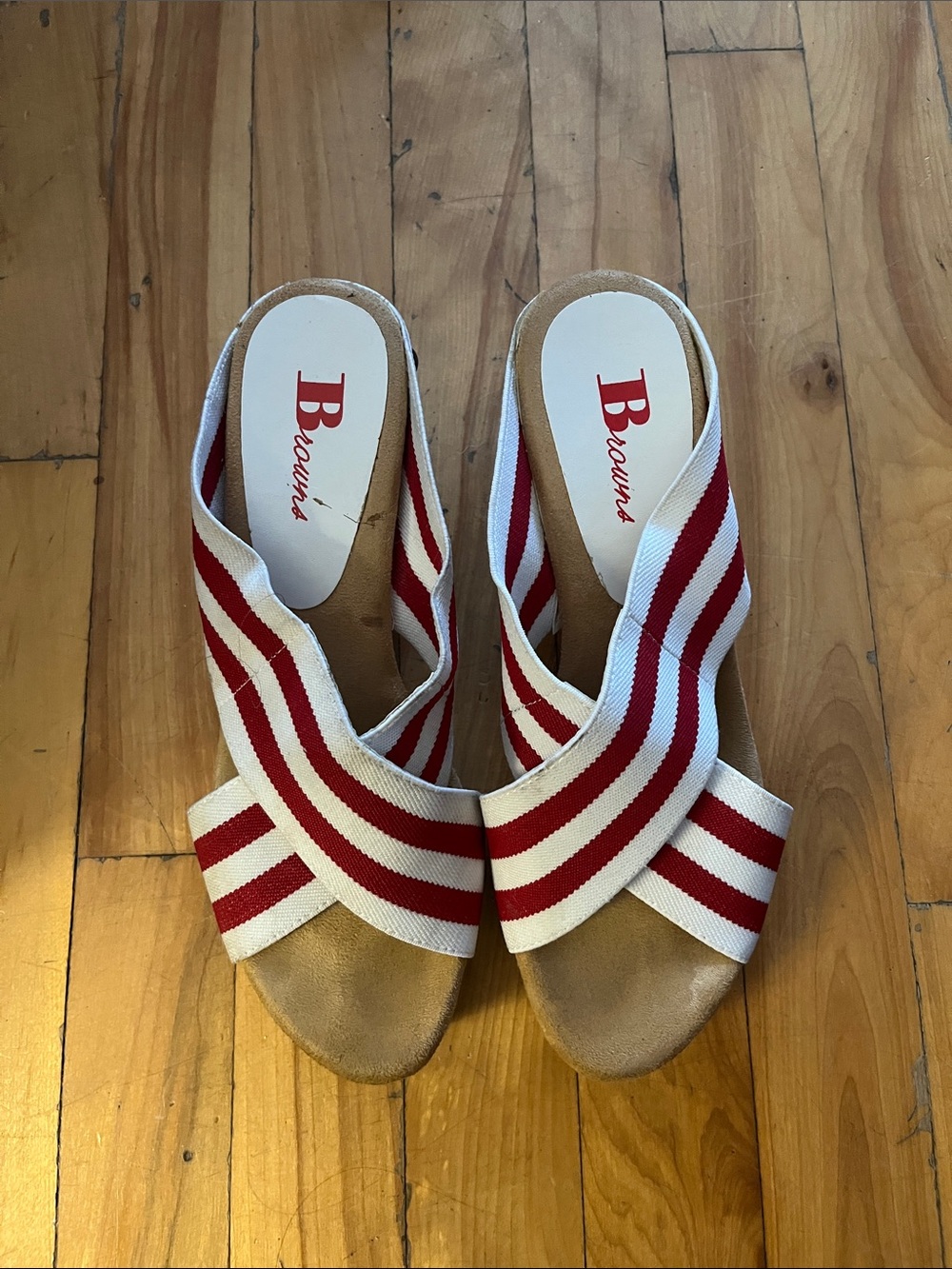 Red & White Striped Slip-On Women’s Wedges